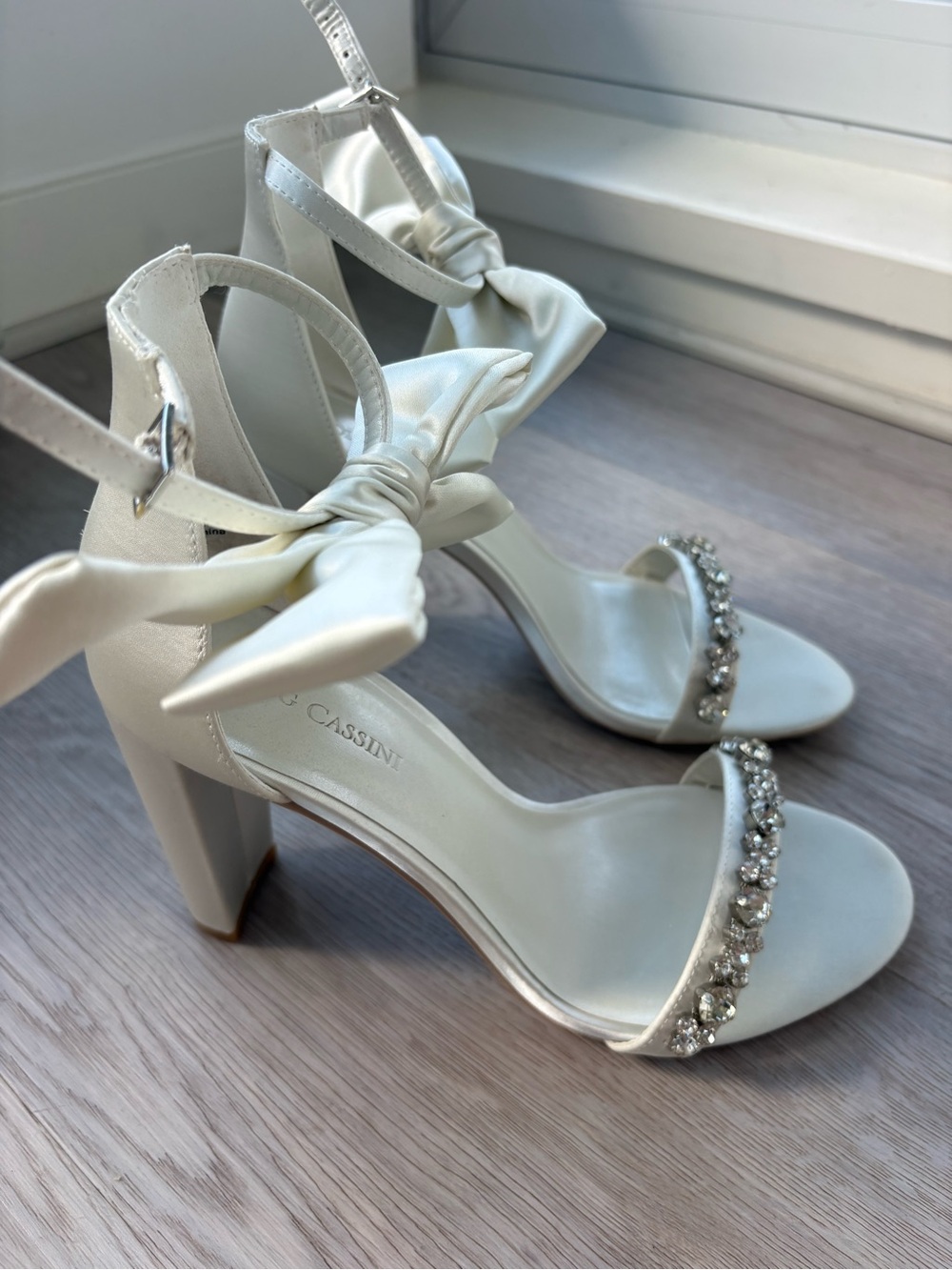 Oleg Cassini Ivory Satin Bow Block-Heel Sandals with Crystal Strap